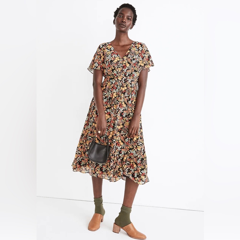 Madewell Dolman Sleeve Ruffle Hem MIDI Dress in Flower garden